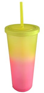 LINDACA 24oz/710ml Double Wall Gradient Colour Reusable Plastic Cups with Lid and Straw (Yellow)