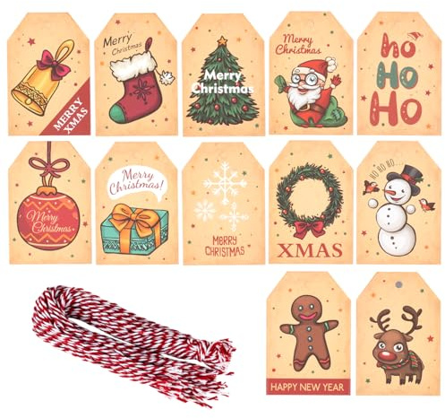 48 Stück Geschenkanhänger Weihnachten Kraftpapier Etiketten Geschenkanhänger Kraftpapier Anhänger Weihnachtens Geschenkanhängers Christmas Gift Tags mit Schnur für Weihnachten Dekoration