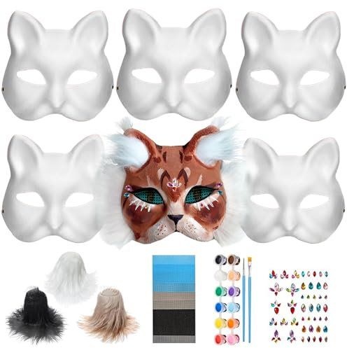 6 Stück Katzenmaske mit Augen Mesh Pelz Bart und Edelstein Aufkleber, Tier Katze Maske DIY Set Katzenmasken zu malen Filz, Maske Kunsthandwerk Kit, DIY Blank Gesicht Maske Kostüm für Maskerade