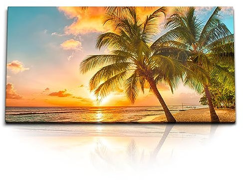 Paul Sinus Wandbild auf Leinwand 120x60cm – Strahlende Tropenstimmung – Sonnenuntergang am Strand - Palmen in der Sonne