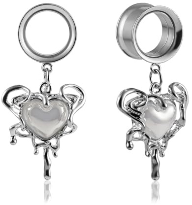 DOEARKO Ohr Tunnel 1 Paar Double Flared Flesh Tunnel mit Herz Anhänger Edelstahl Ohr Piercing Schmuck Expander Ohrplugs für Frauen und Männer (Silber, 16MM)
