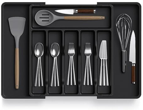 Nestiva Expandable Cutlery Drawer Organizer – Adjustable Kitchen Utensil Tray for Silverware, Flatware, Spoons, Forks, and Knives – Compact, Large Size, (Black & Grey) (Black)