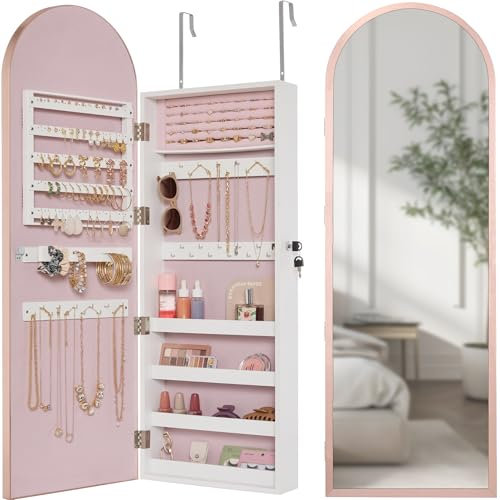 Best Choice Products Bogenspiegel-Schmuckschrank, Schmuckaufbewahrung, Organizer, Schrank, abschließbar, Wand- oder Türmontage, Ganzkörperspiegel, Roségold