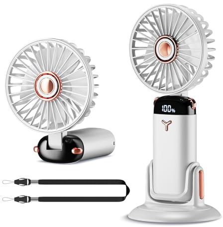 GEMWON Handheld Fan Portable, Mini USB Rechargeable Fans with Lanyard and Detachable Base,4000mAH Battery Operated Electric Foldable Desk Desktop Fan with 5 Speed for Home Office Travel White