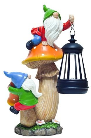YUETJIN Nains de jardin amusants en plein air grimpant sur un champignon avec tenant une lanterne solaire LED en résine pour terrasse, cour, pelouse, porche