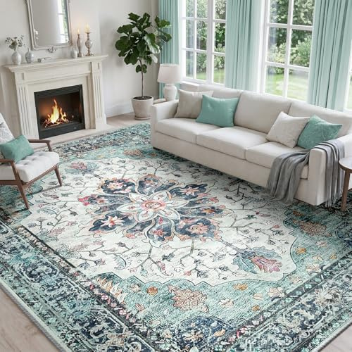 INOVADAY Machine Washable Rugs 240x300 cm Vintage Area Rug Low Pile Anti-Slip Carpet with Print Pattern for Living Room Bedroom Home Office Indoor Blue/Teal Green/Navy/Red
