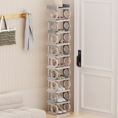 Multibao 10-Tier Shoe Rack Storage Shelf Adjustable Tall Space Saving Shoe Stand Home Footwear Stackable Organiser for Slim Narrow Space Closet Entryway Hallway (White & Grey)