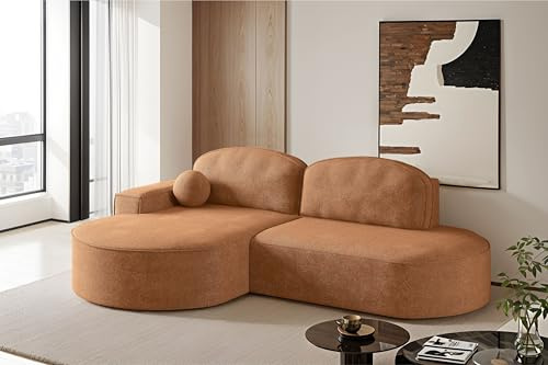 Kaiser Möbel - Ecksofa mit Schlaffunktion und Bettkasten, Wohnlandschaft L Form, Schlafsofa, Bequemes Couch mit Ottomane für Wohnzimmer und Jugendzimmer, Modena Runden, Orange, Arena, Links