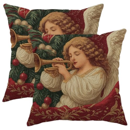Engel-Kissenbezüge, Vintage-Stil, klassisch, Trompete, Weihnachtsbaum, Weihnachten, weicher Samt, waschbar, quadratisch, für Wohnzimmer, Wohnung, Bett, Sofa, Dekoration, 40,6 x 40,6 cm