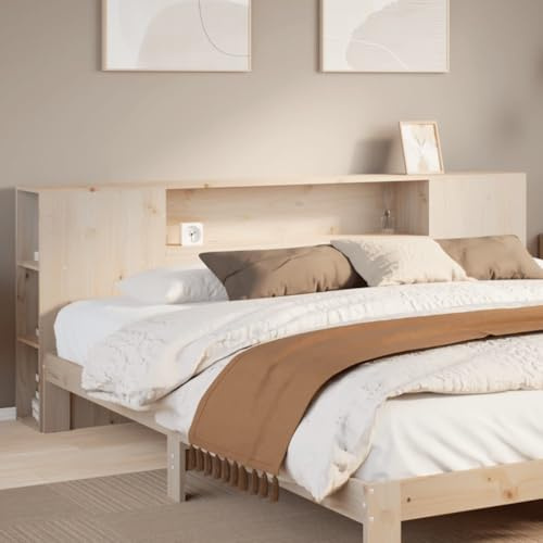 QJBSAVVA Massives Kiefer Kopfteil 186x24x82 cm mit 7 Staufächern, freistehendes Bett kopfteil für 180 cm Liegefläche, unbehandeltes Holz, rustikaler Charme für Schlafzimmer und Gästezimmer