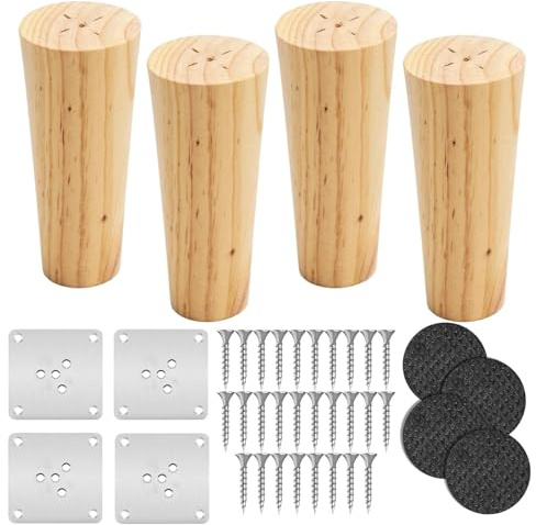 KEUGT Möbelfüße Holz,Möbelfüße 4 STK 15 cm Tischbeine Holz | Konisch Möbelbeine Ersatz,Holzmöbelbein Füße,Sockelfüße Tischfuß Aus Eiche mit Montageplatten Schrauben für Sofa Bett Schrank