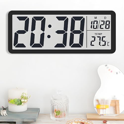 BIZOI Digital Wall Clock, 8.5'' Large LCD Digital Wall Clock with Temperature, Date Display, Battery or USB Operated Modern Wall Clocks, Minimalist DigitalClock Wall for Bedroom Desk School Office