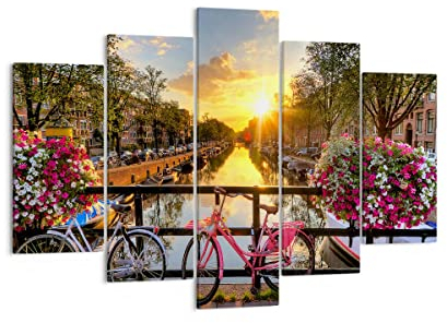 Bilder auf Leinwand 150x100cm Leinwandbild Bikes Kanal Amsterdam Architektur Groß XXL Wanddeko Bild Schlafzimmer Set 5 teilige Wandbilder Dekoration Wohnzimmer Canvas Kunstdruck Art EA150x100-3081