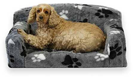 Fur Paws – Faux Fur Pet Sofa. Nice Pet Settee. Very Soft Dog bed. Removable cover for animal Couch. Inner material is high grade foam. UK MANUFACTURER (Grey with paws, Large 96 x 64 x 34cm)