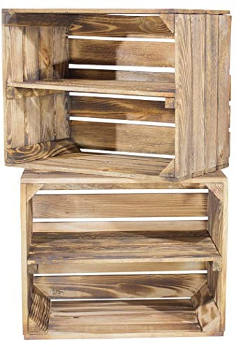 4 geflammte neue Kiste für Schuhregal und Bücherregal - Obstkiste Johanna mit Mittelbrett - Holzkiste Kistenregal Regalkiste Obstkistenregal - massiv flambiert flammbierte 50x40x30cm