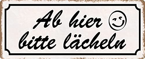 Blechschild 27x10cm gewölbt Ab hier bitte lächeln Sprüche Deko Geschenk Schild