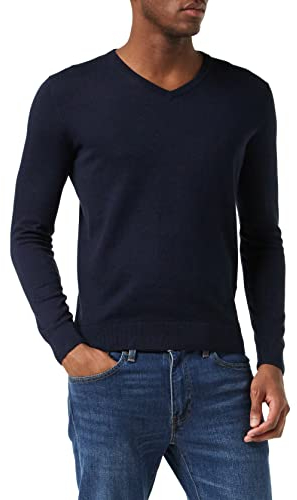 TOM TAILOR 202212 Strickpullover V-Ausschnitt Jersey básico para Hombre, Azul (13160 - Knitted Navy Melange), XL