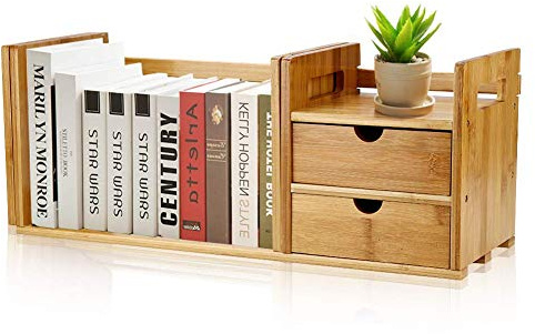 Desktop Bookcase, Extendable Natural Bamboo, 2 Drawers | Natural Bamboo, Tabletop Storage, Home Office Desks, Adjustable Layout, Two Drawers, Desktop Organizer