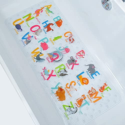 BEEHOMEE Tapis de Bain antidérapant pour bébé,Enfants - Design Transparent en PVC - Sécurité renforcée avec ventouses et Caoutchouc - Baignoire et Douche - Extra Large 89x40cm(Alphabet)