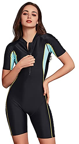 OWN4B Women's One Piece Swimsuit with Shorts, Short Sleeve Zip-Up, Sun Protection Athletic Training Swimwear for Beach, Snorkeling & Surfing Modest Bathing Suit Tummy Control Rash Guard