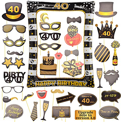 AIBAOBAO 35Pcs 40th Birthday Decorations Men Women, Black Gold Inflatable Selfie Frame & Photo Booth Props, Giant Inflatable Party Photo Booth Frame for 40th Birthday Party Decoration, Badge