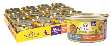 Wellness Complete Health Age Advantage Senior Canned Wet Cat Food, Natural, Protein Rich, Grain Free, Chicken Entrée Recipe, 3 oz, Pack of 24 Cans