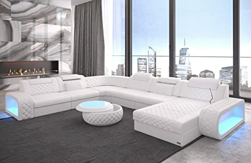 Sofa Berlin XXL U Form Wohnlandschaft mit LED Beleuchtung und Ottomane (Ottomane rechts, White)