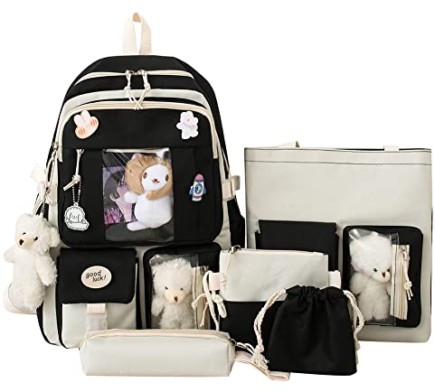 Tdbest Kawaii Rucksack mit Niedlich Anhänger Zubehör 5 Teiliges Set, Große Harajuku Segeltuch Schulranzen,Trendy Schultasche College Reise Dame Abzeichen Rucksack Schüler Büchertasche