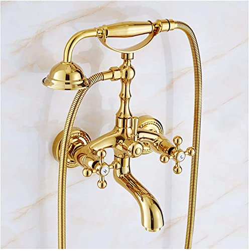 YRUIIA Wannenarmatur Antike Gold Badewannenarmatur mit Kaltes und Heißes Wasser, Doppelgriff Wannenbatterie Messing Badewanne Wasserhahn Wandhalterung Wannenmischer mit Handbrause,Classic Style