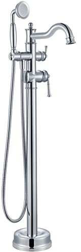 WINKEAR Freistehende Bodenhalterung Wannenfüller mit Handbrause römischer Badewannenarmatur, Badewannen Zubehör von Chrom-Finish, schwenkbarer Auslauf mit Messingrauem und Wasserschlauch