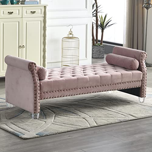 LMZ Mathias 71-inch Rolled Arm Velvet Button Tufted Upholstered Bench for Bedroom End of Bed Chaise Lounge Fabric Long Ottoman Couch Window and Living Room Footrest Stool (Pink)