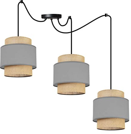 Light-Home Boho Hängelampe - Rattan Lampe - Deckenlampe für Wohnzimmer Schlafzimmer und Esszimmer - Pendelleuchte aus Metall mit Lampenschirm aus Stoff - E27-3-Flammig - Grau und Jute