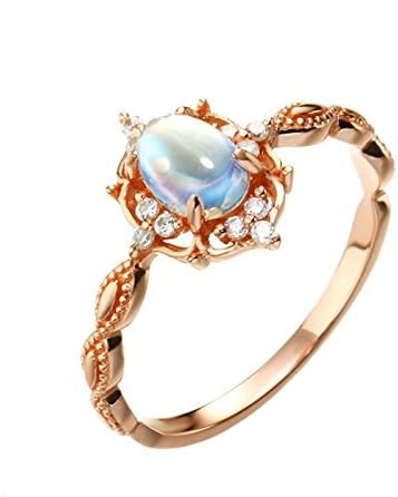 Homxi Ringe Damen,Rotgoldring Damen 18 Karat Oval Retro mit Mondstein Ring Rosegold Gr 49 (15.6)