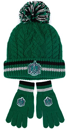 Harry Potter Hat and Gloves Set Adults | Mens Womens Gryffindor Ravenclaw OR Slytherin Hufflepuff House Options Knitted Pom Pom Beanie | One Size Winter Hat