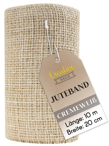 Creative Deco Weiße Juteband Jute Tischläufer | Rolle 20 cm x 10 m | Hochzeitsdeko Dekoration | Breit Naturbrauner Stoff | Kunst und Handwerk | Jutestoff Tischband | Dekorativer Boho Band
