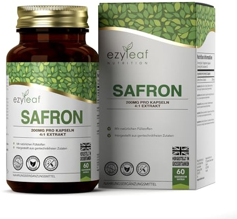 EZ Azafrán Suplemento, 60 Cápsulas, 200mg Extracto de Azafrán | Extracto de Azafrán 4:1 | Fórmula de Alta Potencia | Sin OGM, Gluten ni Alérgenos | Hecho en el Reino Unido