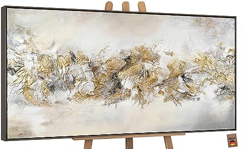 YS-Art Luxus Abstrakt Design Acryl Gemälde auf Leinwand Glückslinie handgemalt Wandbilder Wohnzimmer modern Wohndekor Bilder Büro Gold echte Kunst 140x70 cm