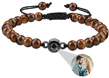 Personalisiertes Foto Armband Mit Runder Perle - Projektion Mit Bild im Stein - Ich Liebe Dich in 100 Sprachen - Für Damen, Herren, Paare - Freundschaftsgeschenk - Einstellbares Seilband