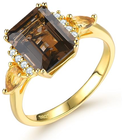 LP LOHASPIE Natürliche Rauchquarzringe für Frauen Mädchen Solid 925 Sterling Silber Edelstein Citrin Birthstone Aussage Ring 18K Gold überzogener feiner Schmuck (Braun+Gelb, N 1/2)