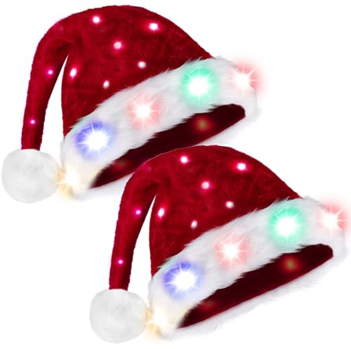 Giggling Getup 2 Stück leuchtende Weihnachtsmützen mit Weihnachtsmann-Elfen und Bommeln für Erwachsene, Weihnachtsmütze aus weichem Plüsch mit bunten Lichtern für Herren und Damen