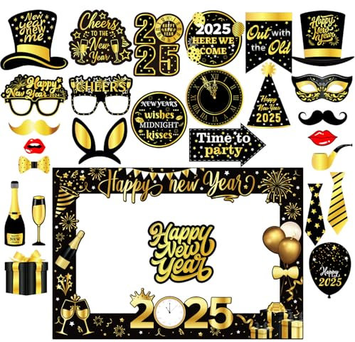 XINDY 28 Stück Silvester Foto Requisiten Fotobox Accessoires Neujahr Photo Booth Props mit Happy New Year Fotorahmen Bilderrahmen für Silvester deko 2025 Silvester Party Zubehör