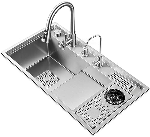 Küchenspüle, 32-Zoll-Stufenspüle aus 304-Edelstahl in Grau, Unterbau mit Tischsteuerung, Tassenspüler und ausziehbarem Wasserhahn