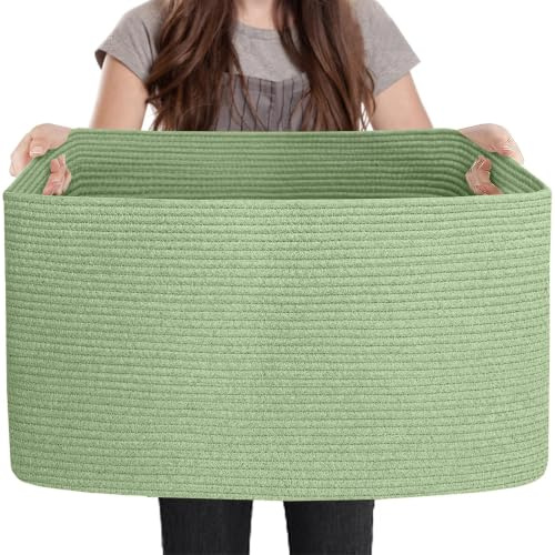 MEGASKET Large Green Baskets for Organizing, 23.6 x 17 x 12 Rectangle Blanket Holder Organizer, Kids Toy Storage Bins, Woven Rope Storage Basket, Green Home Decor Basket, Baby Nursery Storage
