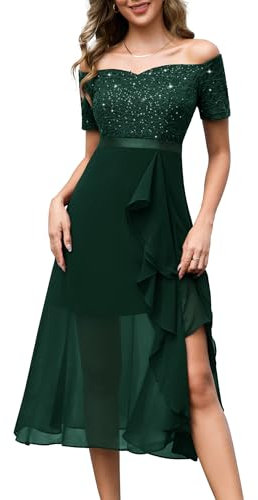 Berylove Hochzeitskleider Für Damen Off Shoulder Kleid Elegant Cocktailkleid Glitzer Ballkleider Lang Brautjungfernkleider Ballkleid BLP7085 DarkGreen L