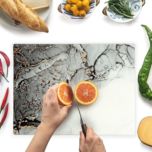 Kitchenville Glass Chopping Board 40x30cm : Tempered Glass Worktop Savers for Kitchens, Durable, Scratch-Resistant, Heat-Proof - Grey Marble Design