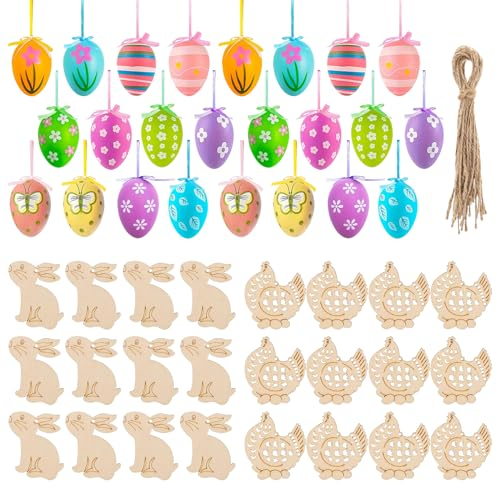 Ostereier zum Aufhängen,24 Ostereier Kunststoff Bunt 6 x 4cm und 24 Ostern Anhänger Holz, Osterdeko zum Aufhängen, Easter Decoration Eggs mit Stilpunkten Streifen Blumen, Ostern Deko für Draußen Innen