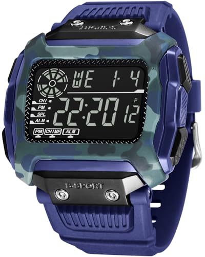 CIVO Montre Homme Digitale 50M Étanche Militaire Montre pour Homme LED Alarme Calendrier Chronographe Bleu Silicone Bracelet Sport Montres