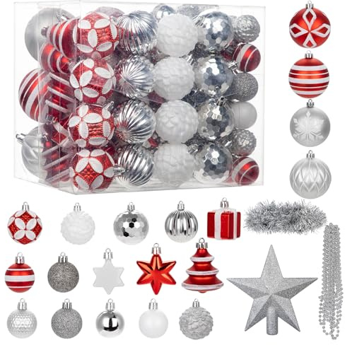 Hollyone 100PCS Weihnachtskugel Set Kunststoff, Bruchsicher Weihnachtsornamente, Verschieden Christbaumkugeln Hängeornamente für Weihnachtsbaum Feiertage Partys Home Deko, Rot Silber & Weiß