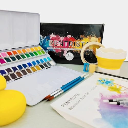 PENTRISTA Kit de Acuarelas Profesionales con 48 Colores y Papel Acuarela, Set de Pintura de Acuarela, Kit Acuarelas para Principiantes y Entusiastas de la Pintura, Watercolor Paint Set