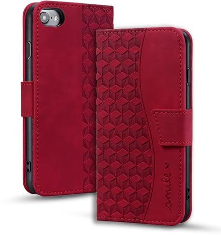 LOLFZ Flip Folio Wallet Case for iPhone SE 2022/2020, iPhone 8/7/6S/6 - Premium PU Leather Card Holder Kickstand Magnetic Closure Protective Phone Cover - Red